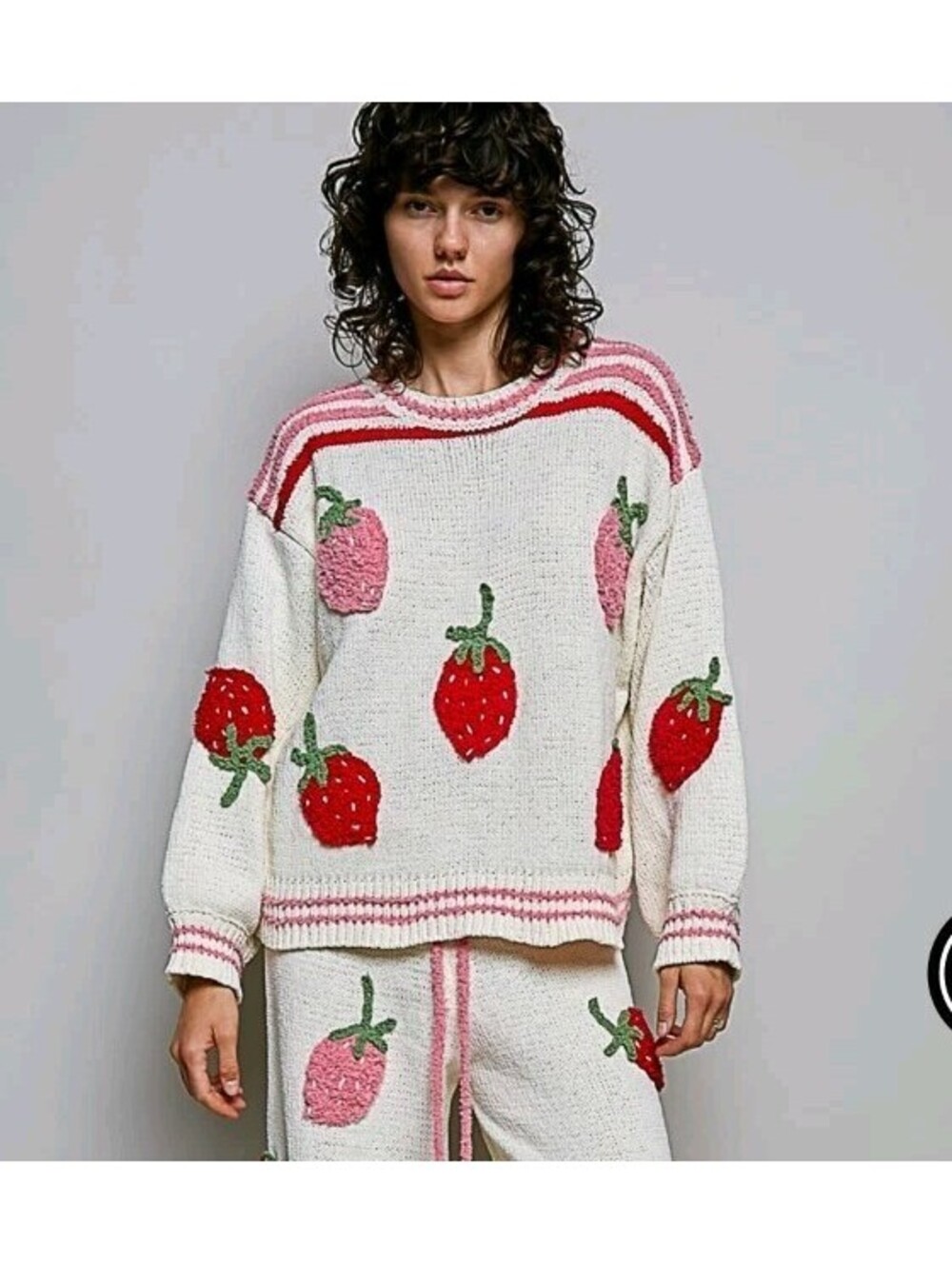 POL Womens S Strawberry Sweater Chunky Knit Red Stripe Trim Chenile Cottageco